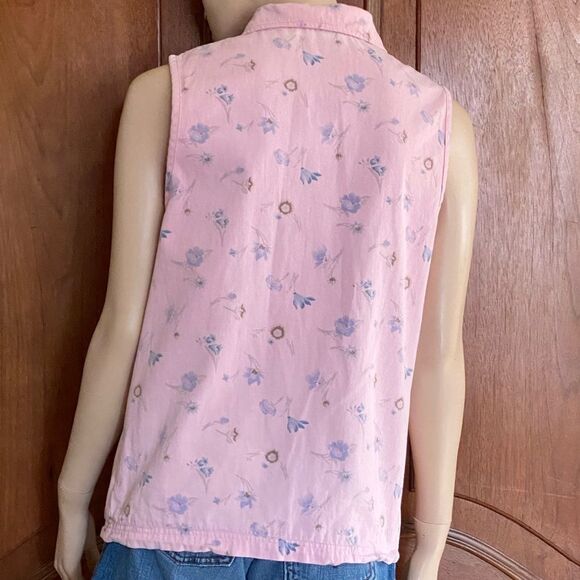 Vintage Vest Floral Cotton Denim Pink Button Front Collared Sleeveless Medium - Picture 4 of 7